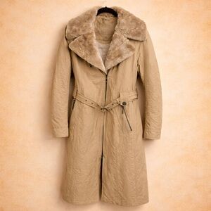 CREEN STONE THICK TRENCH WITH FAUX FUR COLLAR